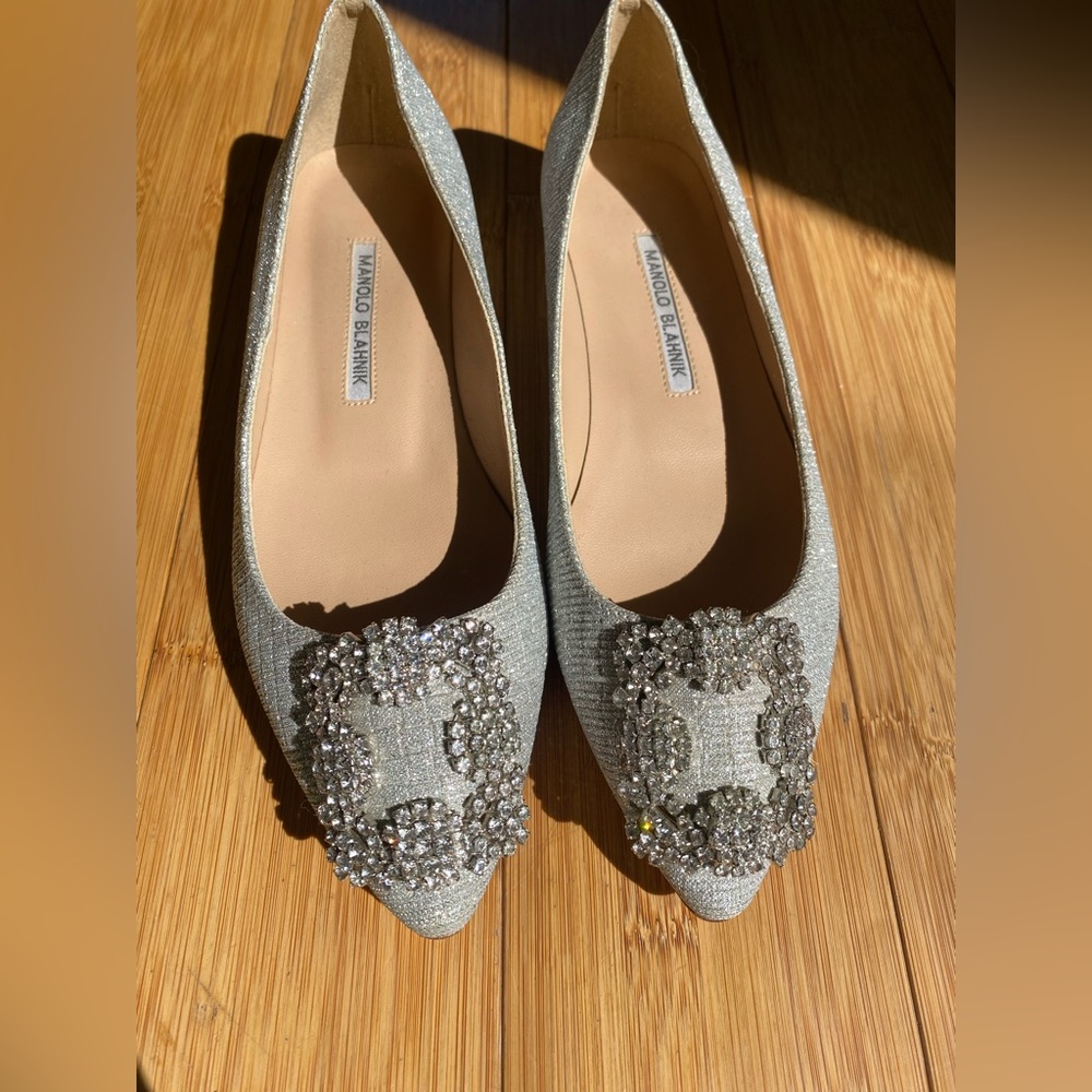 Manolo Blahnik Glittering Silver Flats with Crystal Embellishments